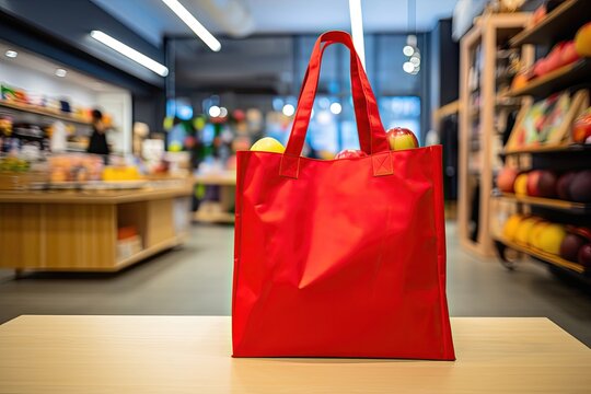 Red shopping bag with apples on a table in a modern grocery store