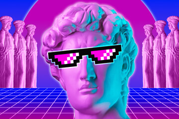 Collage with man face of antique sculpture in pixel glasses. Vaporwave style. Modern creative image with head ancient statue. Funky punk template for art, dj, fashion, zine. Contemporary art poster. - obrazy, fototapety, plakaty