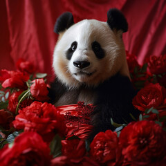 Giant panda and red flowers
