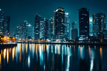 Fototapeta na wymiar City lights reflected on water, urban background