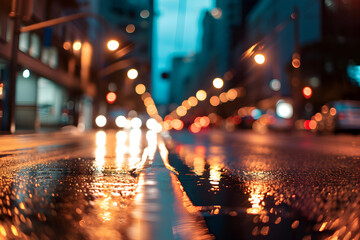 Reflections on a wet road, night city street in blue and peach fuzz color background