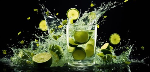 Green lemon pieces are dropped into a glass containing clear water. generative AI