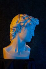 Gypsum copy of head statue David in bright neon colors for artists on a dark background. Face famous sculpture youth of David by Michelangelo. Template design for dj, fashion, poster, zine, collage. - 702630785