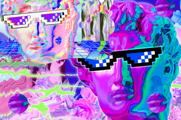 Collage with man face of antique sculpture in pixel glasses. Vaporwave style. Modern creative image with head ancient statue. Funky punk template for art, dj, fashion, zine. Contemporary art poster.