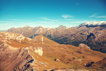 Mountain landscape with day sky and clouds. Grossglockner High Alpine Road. Austria, Europe