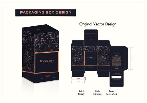 Perfume Packaging design, luxury box design template, Box die line, 3d Box Mockup, and Design elements. Illustration Vector design Template.	