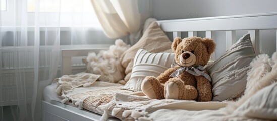 Infant in white nursery with soft cushions. Bed for kids with textile and pillows. Family morning with toy bear.