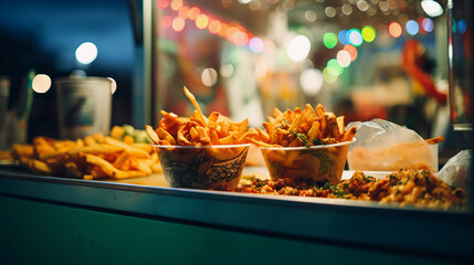 Naklejka na ściany i meble Close up portrait of junk food on a counter top of a food truck, evening atmosphere with blurred bokeh lights