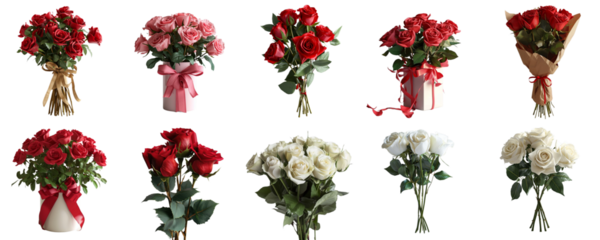 Colorful rose bouquets collection in png no background for Valentine decoration. Created using generative AI.