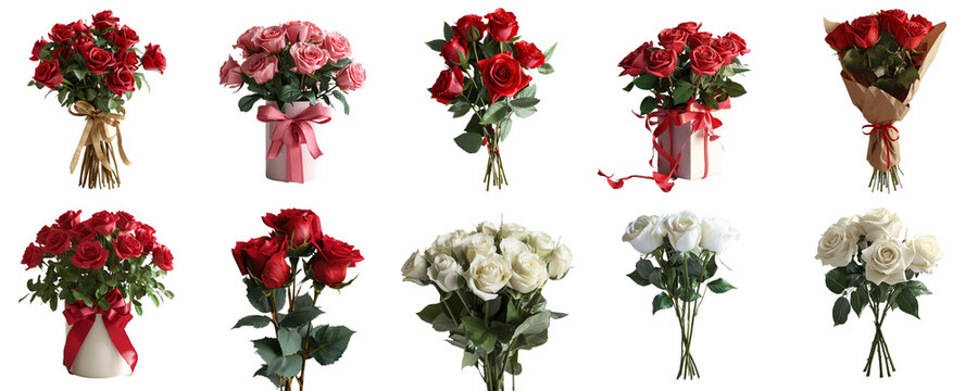 Colorful rose bouquets collection in png no background for Valentine decoration. Created using generative AI.