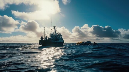 Obraz premium Ocean Cleanup, team collecting plastic waste, open ocean with a cleanup vessel, ocean blues and plastic rainbow, wetsuit, mesh bags.