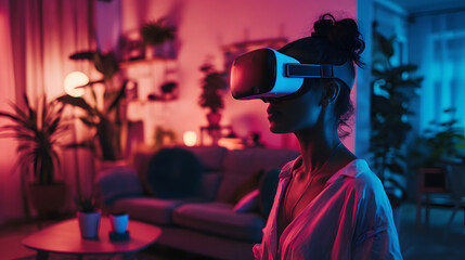 user, wearing a VR headset, in their living room, which is bathed in the soft, ambient light from the screen