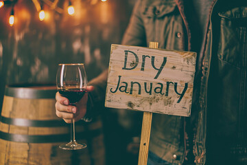 Dry January concept image with a Dry january sign with written words and people hands and glass of wine