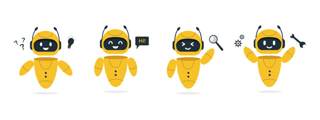 Chatbot neural network, AI servers and robots technology. Cute chatbot ai character.