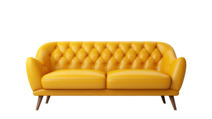 yellow color leather sofa isolated on transparent and white background.PNG image.