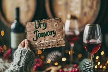 Dry January concept image with a Dry january sign with written words and people hands and glass of wine - Powered by Adobe