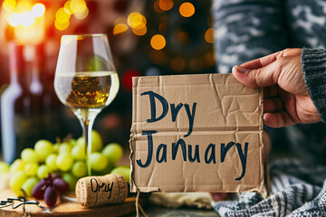 Dry January concept image with a Dry january sign with written words and people hands and glass of wine