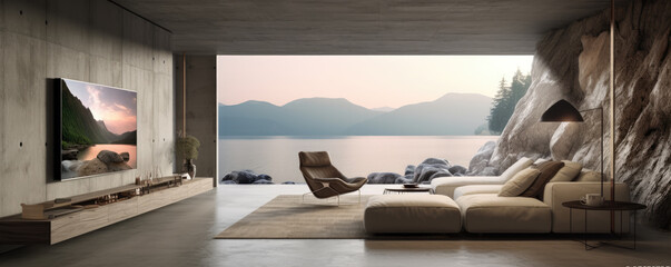 Luxury concrete light space room or livingroom design. Beautiful view on ocean and mountines.