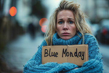 Blue Monday concept image with sad woman in blue sweater holding a sign written Blue Monday for the most depressing day of the year in January