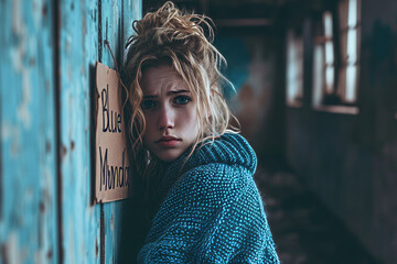 Blue Monday concept image with sad woman in blue sweater holding a sign written Blue Monday for the...