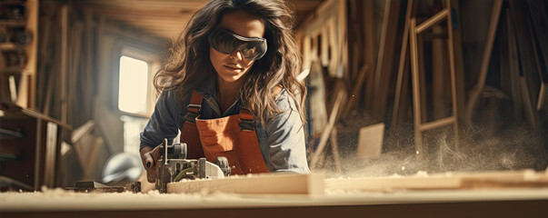 Woman carpenter using electric tool for cutting wood. woman work with construction tools.