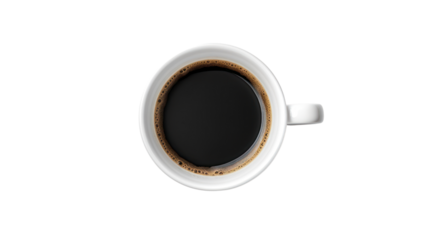 Top view of black coffee in white cup isolated on transparent and white background.PNG image.