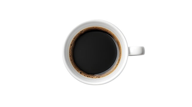 Top view of black coffee in white cup isolated on transparent and white background.PNG image.