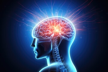 Obraz premium Neural realm Human Mind Illustration: Brain intricate neural circuitry. Neurotransmission receptors, dopamine and serotonin, play pivotal role in interplay of neurotransmitters signals neural circuit