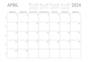 Monat Kalender April 2024 Monatskalender Kalenderblatt Kalendarium mit Kalenderwoche Planer DIN A4 Deutsch - obrazy, fototapety, plakaty