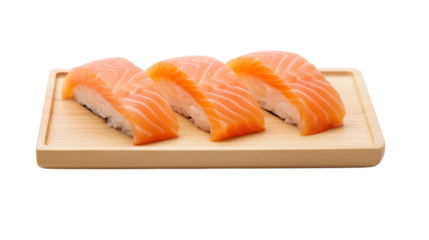 Salmon sushi nigiri in black plate isolated on transparent and white background.PNG image.