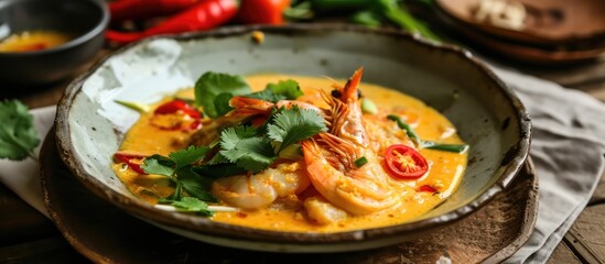 Thai orange curry with shrimp and cha-om omelette, a popular dish found in Thai restaurants.