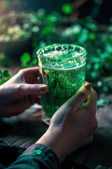 Close-up of hands holding a pint of green beer with clovers