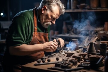 Craftsman in a workshop shaping a smoking pipe, surrounded by tools and wood shavings - obrazy, fototapety, plakaty