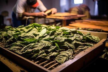 Tobacco leaves being carefully sorted and graded for the next stage of production