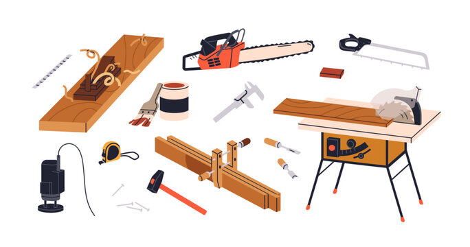 Carpentry and woodwork tools set. Carpenters machines, joinery equipment for wood and timber processing. Cutting, sawing instruments. Flat graphic vector illustrations isolated on white background