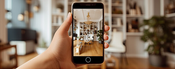 hands holding a Smartphone and take a picture of modern livingroom. Interior designer work with mobile. - Powered by Adobe