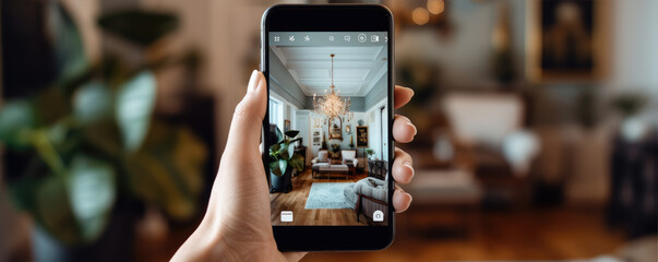 hands holding a Smartphone and take a picture of modern livingroom. Interior designer work with mobile. - Powered by Adobe