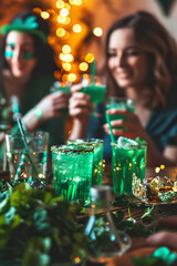 Friends in green attire at a home party with St. Patrick's Day drinks