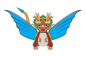 Concept of cute baby or young Chinese dragon with blue wings drawing in colorful cartoon vector