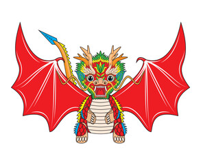 Concept of cute baby or young Chinese dragon with red wings drawing in colorful cartoon vector