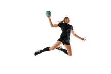 Caucasian woman honing her handball skills, showcasing precision in ball handling against clean...