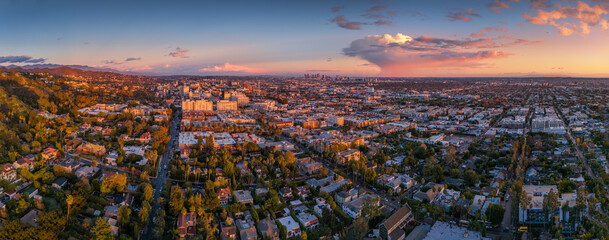 Los Angeles cityscape panorama, aerial city view at sunset.