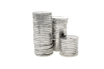 Closeup view stack of silver coins