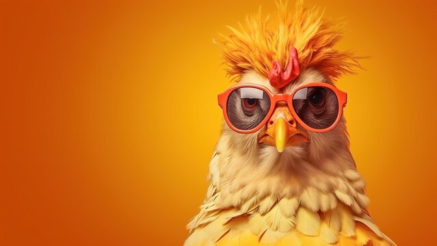 Close-up stylized portrait of a hen wearing sunglasses with a red frame on an orange-shaded background