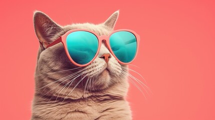 Illustration of a stylish cat wearing green sunglasses with orange frames on an orange background with copy space