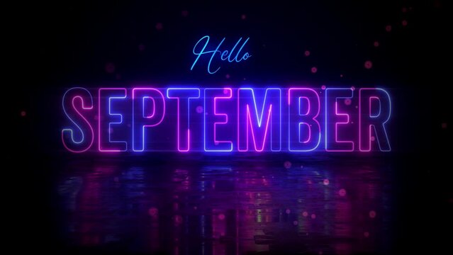 Festive Blue Pink Glowing Neon Hello September Text Reveal With Floor Reflection Amid The Falling Flowers On Dark Background, With Isolated Text Effect Motion, 5-15 Seconds Seamless Loop