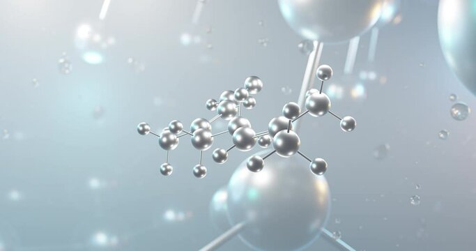 Citral rotating 3d molecule, molecular structure of acyclic monoterpene aldehyde, seamless video