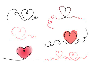 Simple one line illustration of a heart. Set of simple linear hand-drawn hearts.