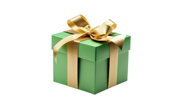 green gift box wrapped with gold bow and ribbon isolated on transparent and white background.PNG image.