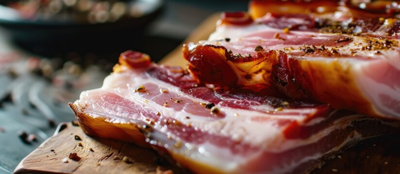 Italian and Spanish bacon, known as panceta curada, with a close-up texture of meat and fat slices.